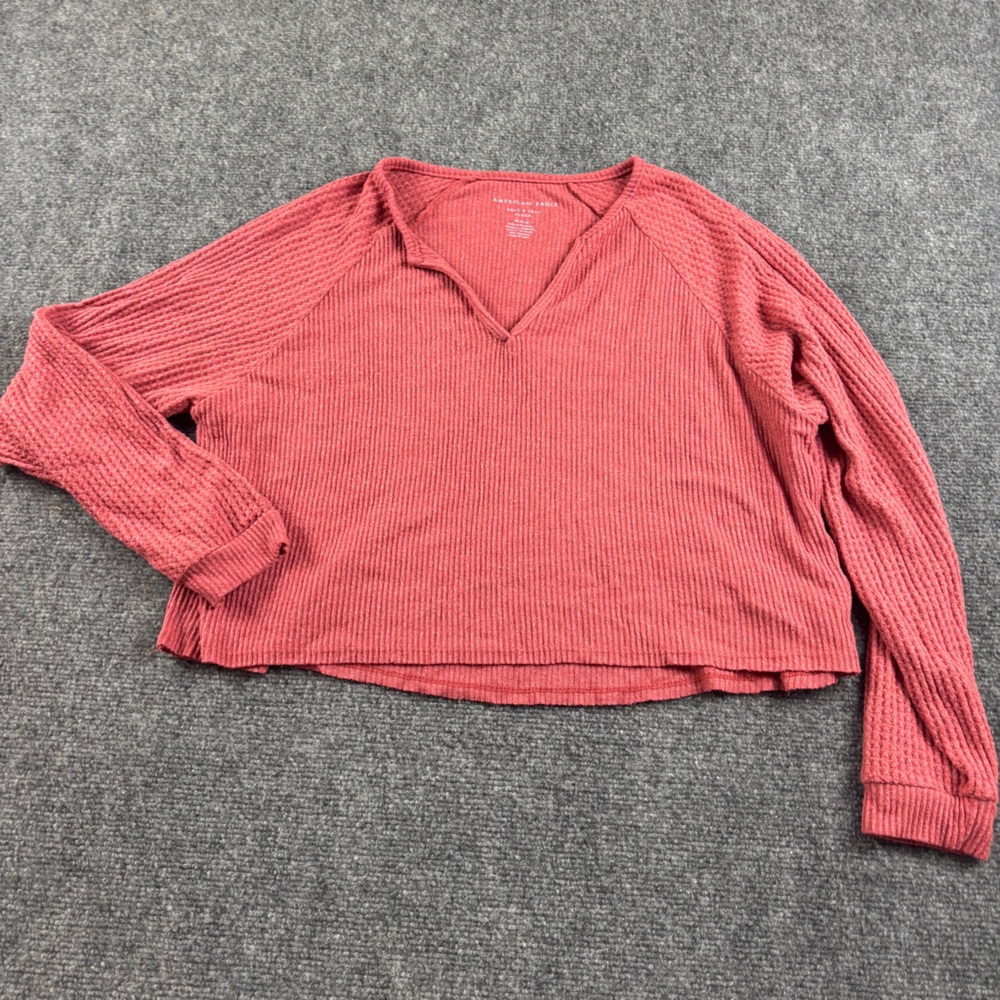AMERICAN EAGLE Women’s Pink/Red Ribbed Soft & Sexy Plush Long Sleeve Crop Medium
